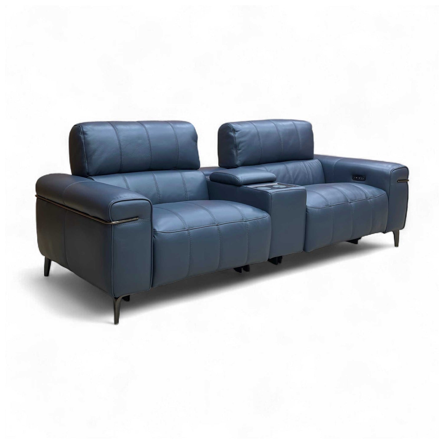 Detail shot of the armrest of the Ocean Blue Leather Sofa, highlighting the leather texture and the contrast stitching.