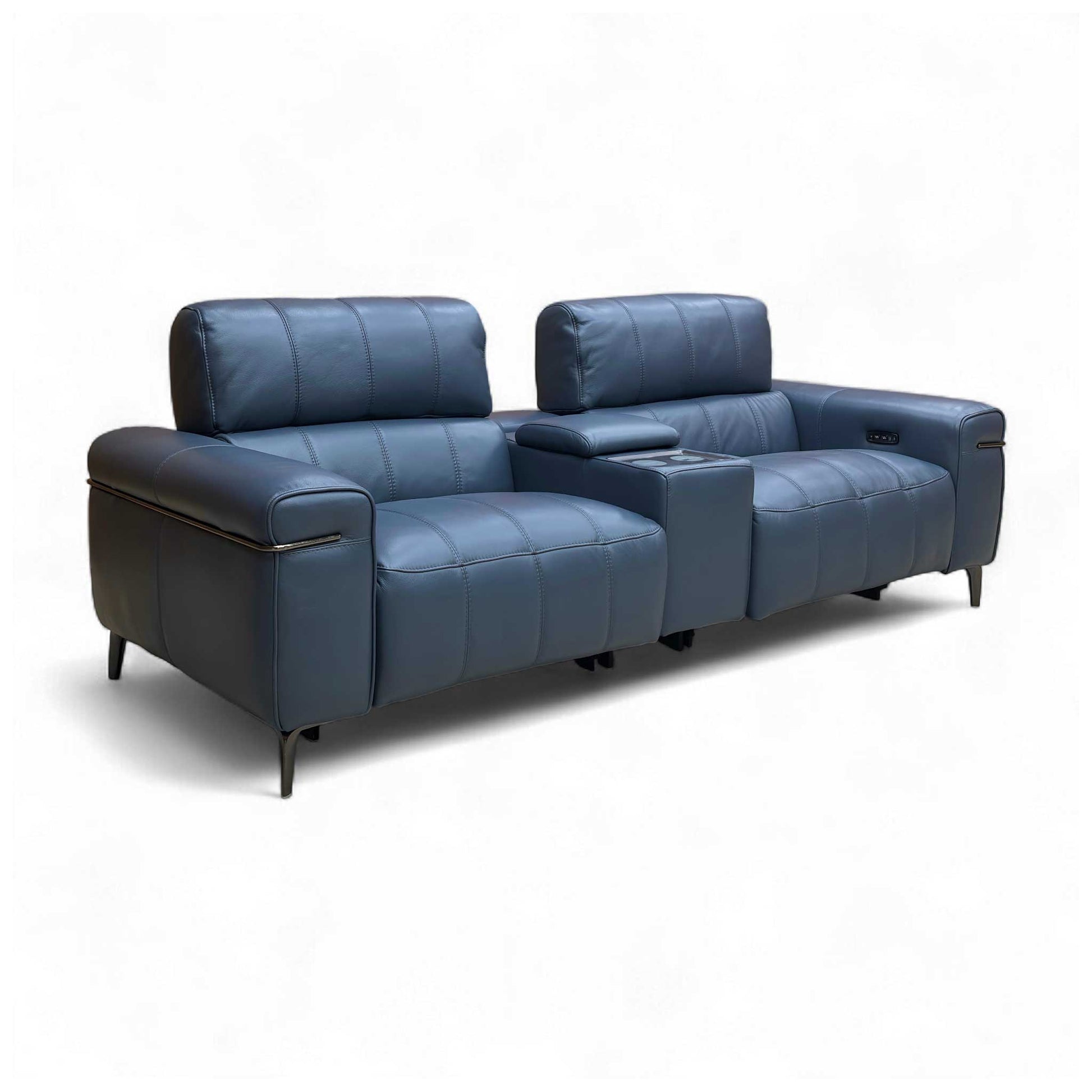 Detail shot of the armrest of the Ocean Blue Leather Sofa, highlighting the leather texture and the contrast stitching.