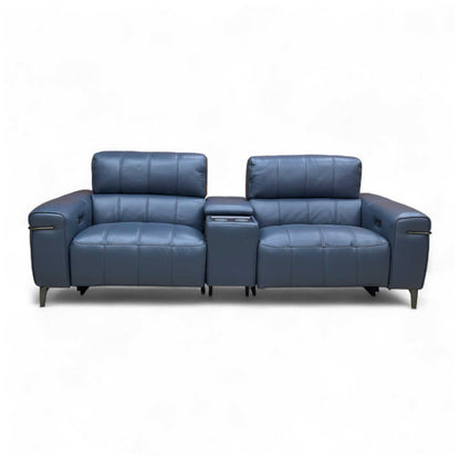 Front view of the 'Homestage' 3 Seater Media Sofa in Ocean Blue Leather with center console closed.