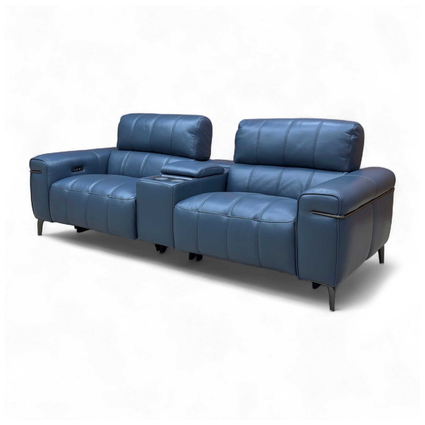 Rear view of the 'Homestage' Ocean Blue Leather 3 Seater Sofa, showing the full back of the unit.