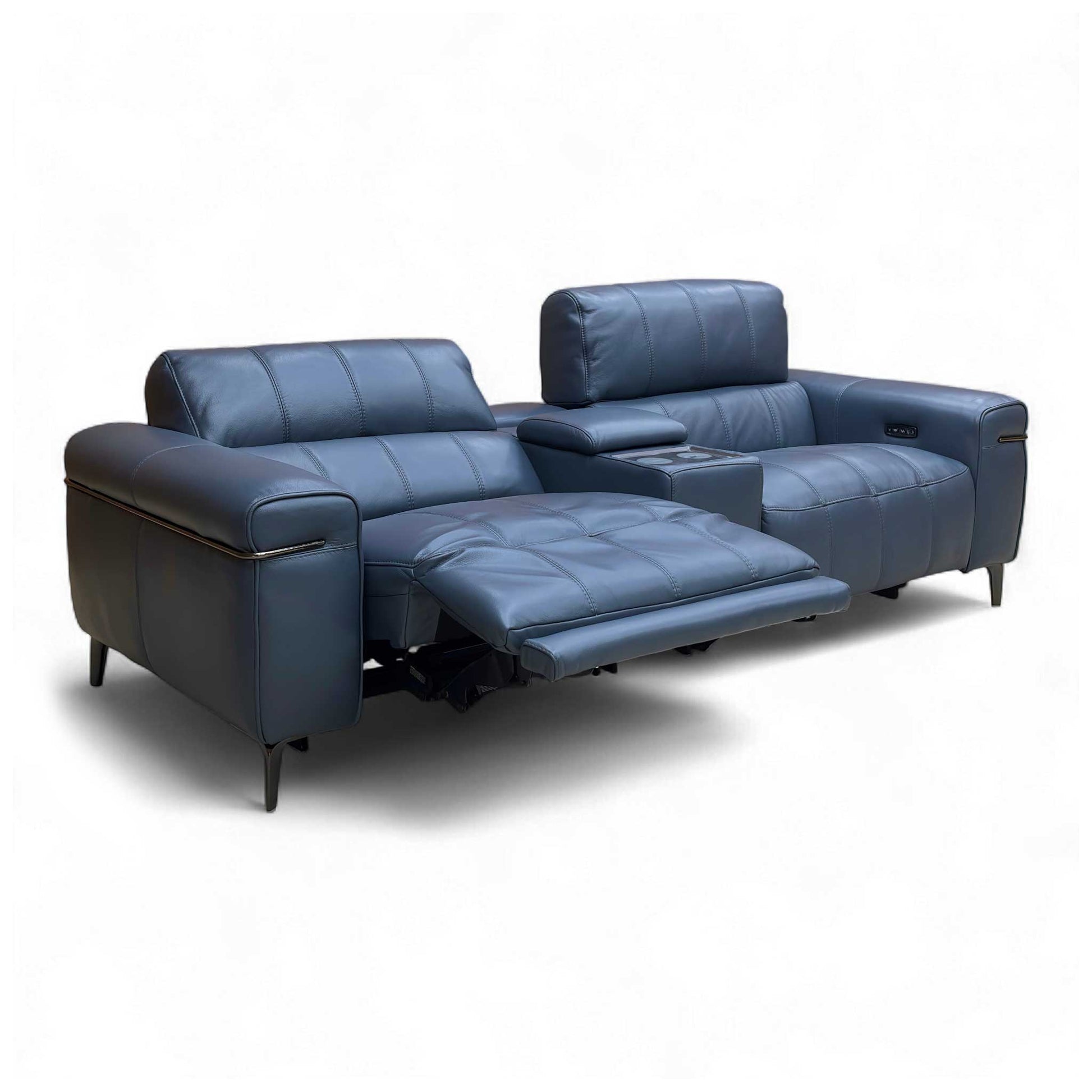 Angled view of the Ocean Blue Leather 'Homestage' Media Sofa, showcasing the smooth leather finish and high backrests.