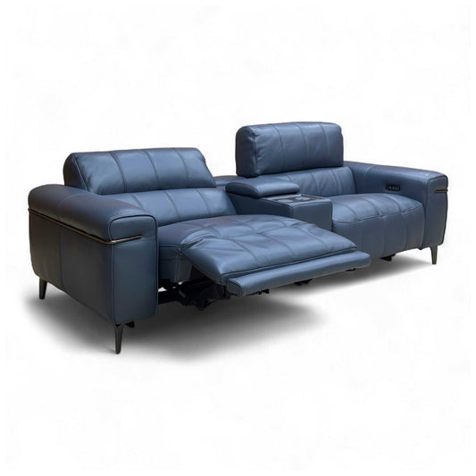 Angled view of the Ocean Blue Leather 'Homestage' Media Sofa, showcasing the smooth leather finish and high backrests.
