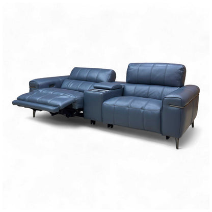 The 'Homestage' Media Sofa with one power headrest adjusted forward for personalized comfort.