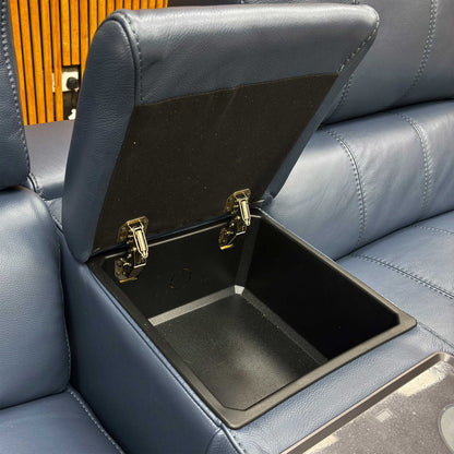 'Homestage' 3 Seater Sofa with the central media console open, revealing the entertainment controls, cup holders, and storage.