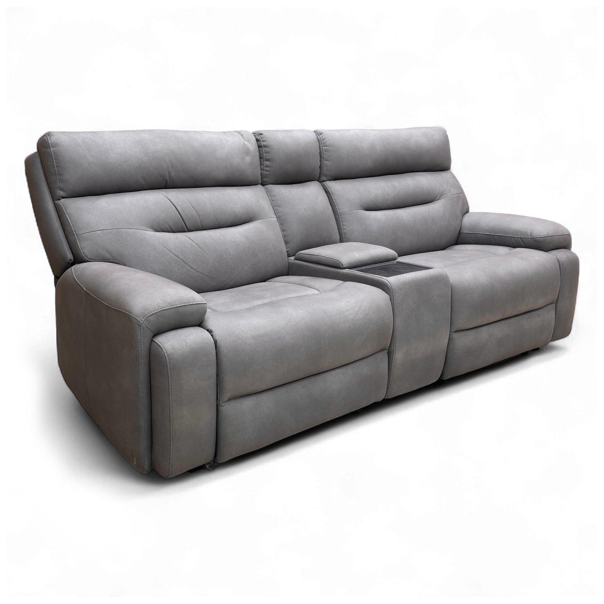 Side profile of the 'Cinemax' 3 Seater Media Sofa in Nappa Grey, illustrating the depth and high back design.