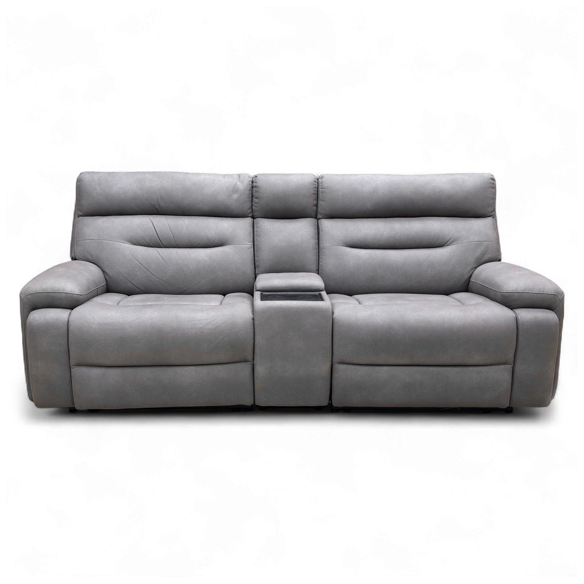 The 'Cinemax' Power Recliner Sofa shown in its reclined position, highlighting the extended footrests and adjusted power headrests.