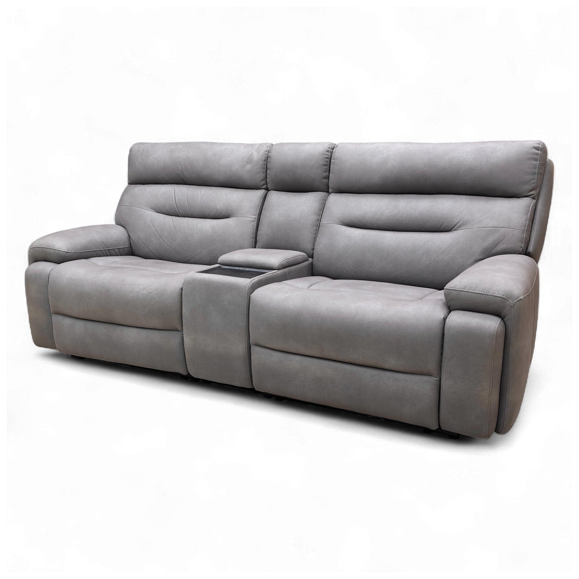 Side profile of the 'Cinemax' 3 Seater Media Sofa in Nappa Grey, illustrating the depth and high back design.