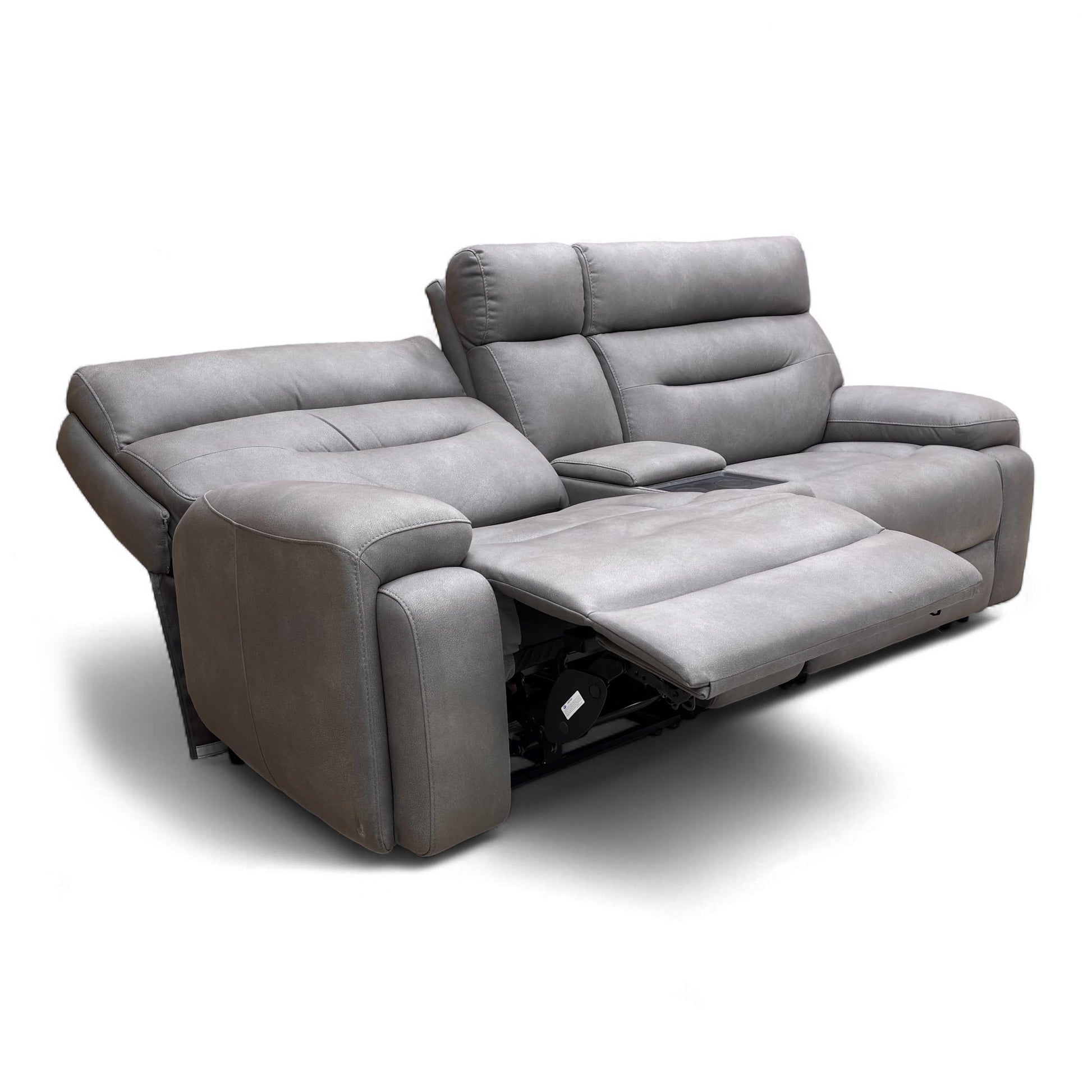Full front view of the 'Cinemax' Nappa Grey 3 Seater Power Recliner Sofa with power headrests and integrated media console.