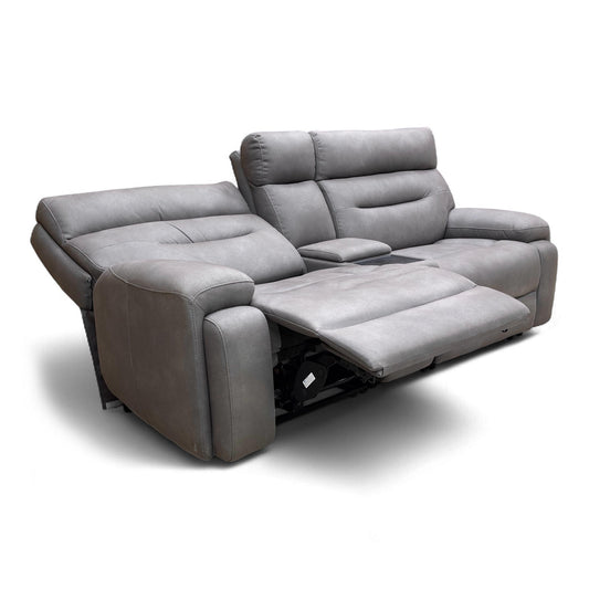 Full front view of the 'Cinemax' Nappa Grey 3 Seater Power Recliner Sofa with power headrests and integrated media console.