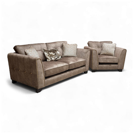 Angled view of the 'Mariah' Sofa Set, showing the Classic Back 3 Seater Sofa and matching Armchair in Dapple Chocolate fabric with Tri Brass velvet accents.