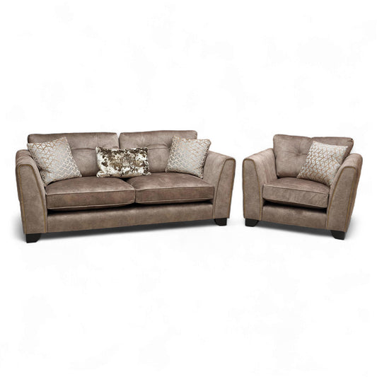 Front view of the 'Mariah' Dapple Chocolate Classic Back 3 Seater Sofa, highlighting the Encore foam cushions and brass-effect stud detail.