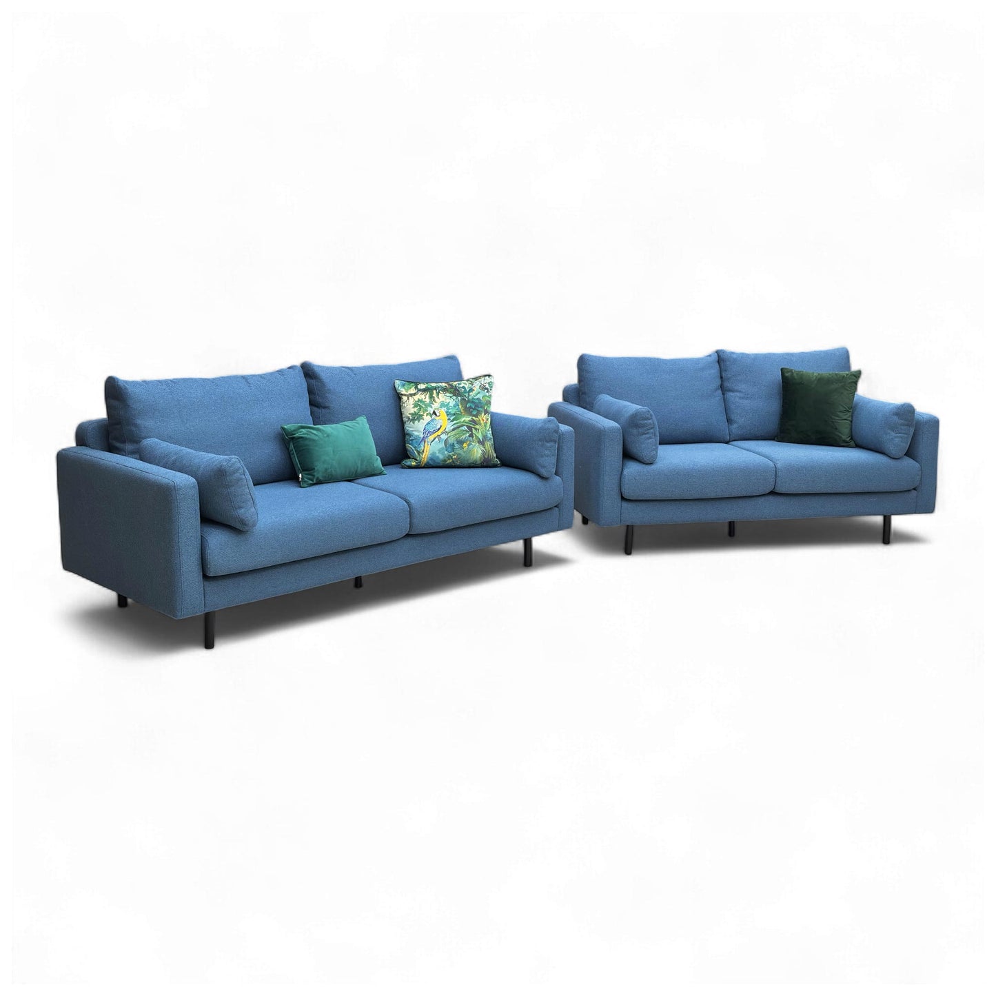 Full set view of the ‘Wren’ 3-Seater and 2-Seater Sofas in contemporary navy blue fabric with sloped arms.