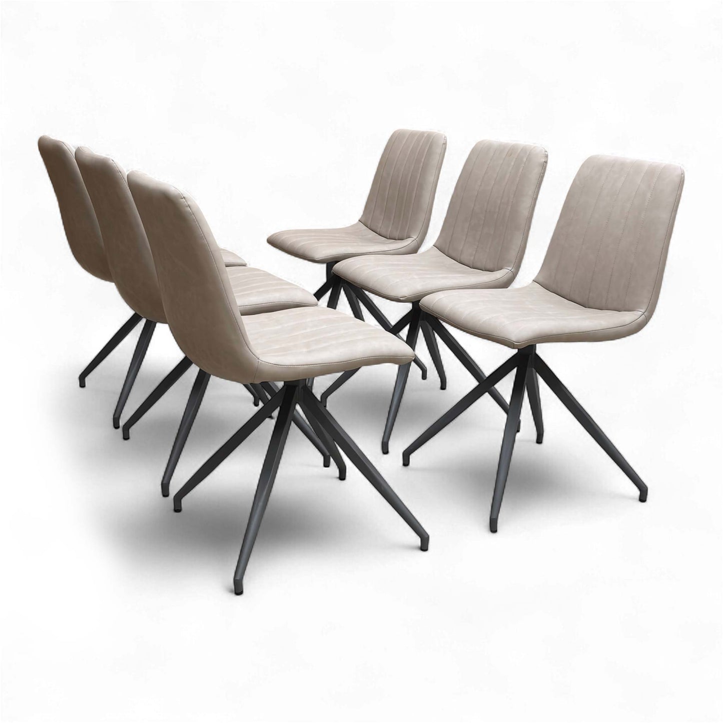 Angled view of the ‘Isaac’ Dining Chair, emphasizing the contemporary metal frame and the padded taupe faux leather seat.