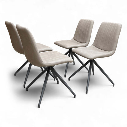 Two Taupe Faux Leather Dining Chairs side-by-side.