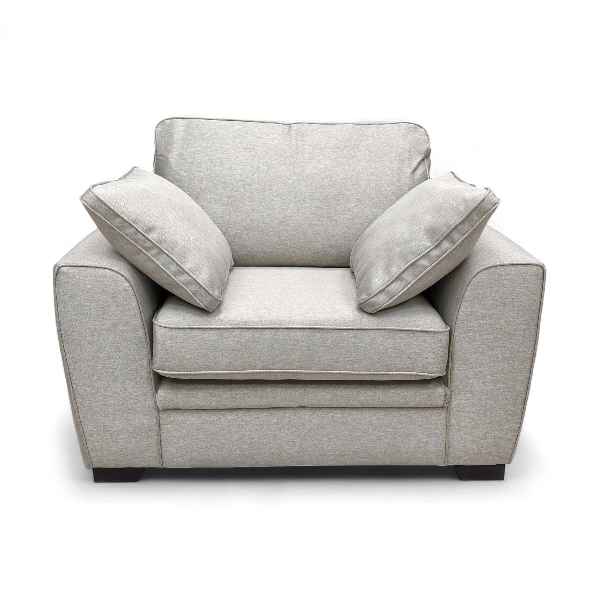 Full front view of the Sofology 'Chalfont' Novak Biscuit Fabric Armchair, showcasing its generous seating space and sloped arms.