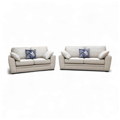 Full set view of the Sofology Chalfont Novak Biscuit 3 + 2 Seater Sofa Set in a neutral room setting.
