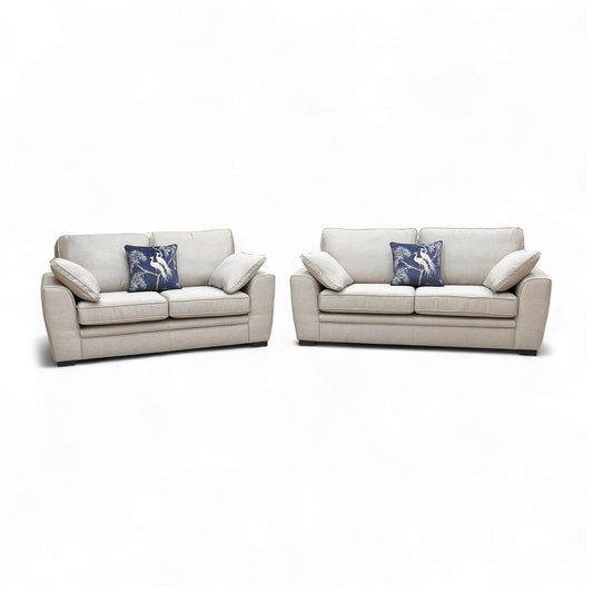 Full set view of the Sofology Chalfont Novak Biscuit 3 + 2 Seater Sofa Set in a neutral room setting.
