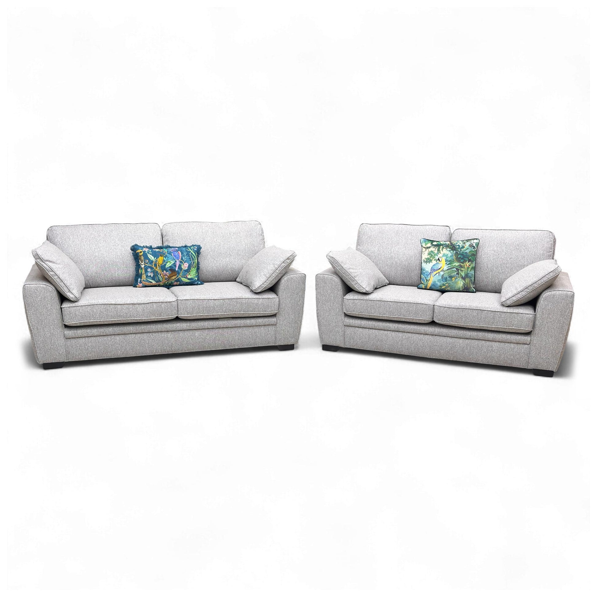 Full set view of the Sofology Chalfont Orm Silver 3 + 2 Seater Sofa Set in a living room setting.