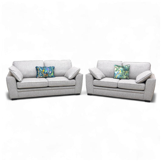Full set view of the Sofology Chalfont Orm Silver 3 + 2 Seater Sofa Set in a living room setting.