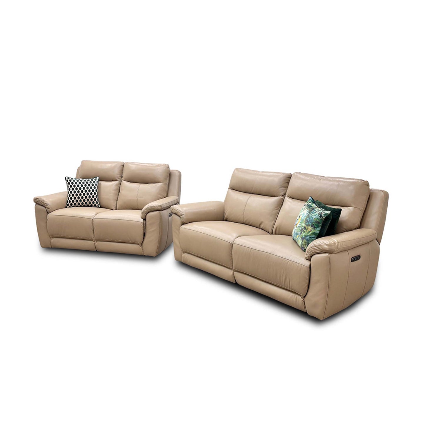 The 'Bobby' 2-seater power recliner sofa with the footrests fully extended, demonstrating the electric reclining function.