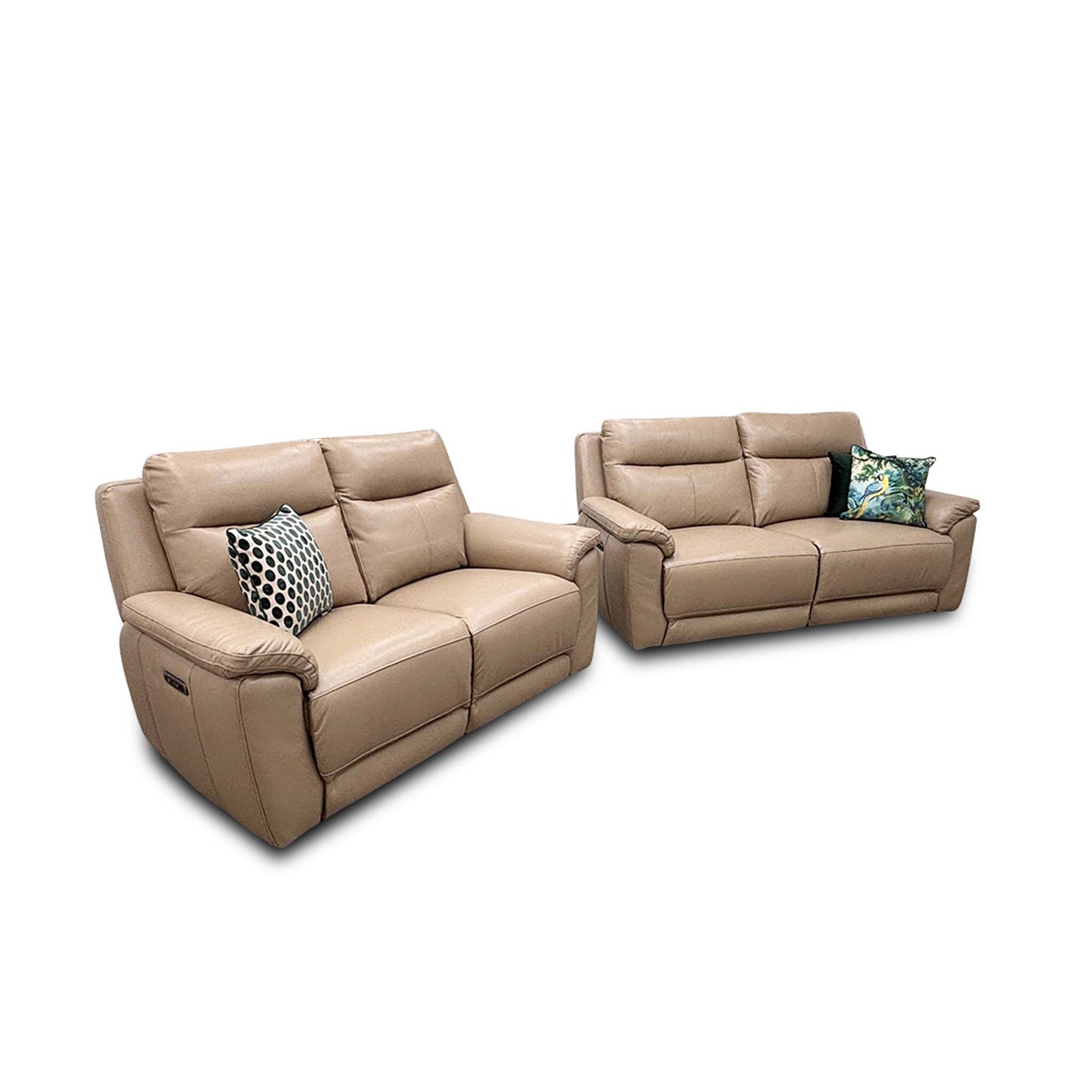 The 'Bobby' 2-seater power recliner sofa with the footrests fully extended, demonstrating the electric reclining function.