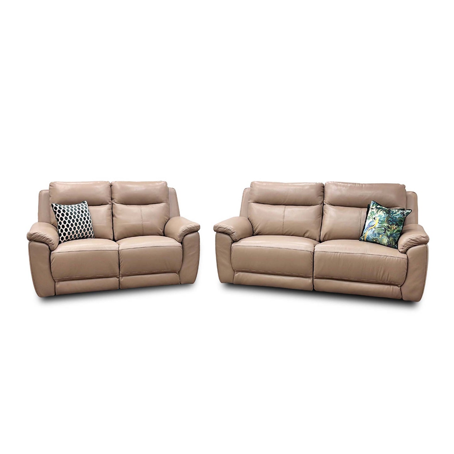 Front view of the 'Bobby' 2-seater power recliner sofa in cream leather, shown in the upright seating position.