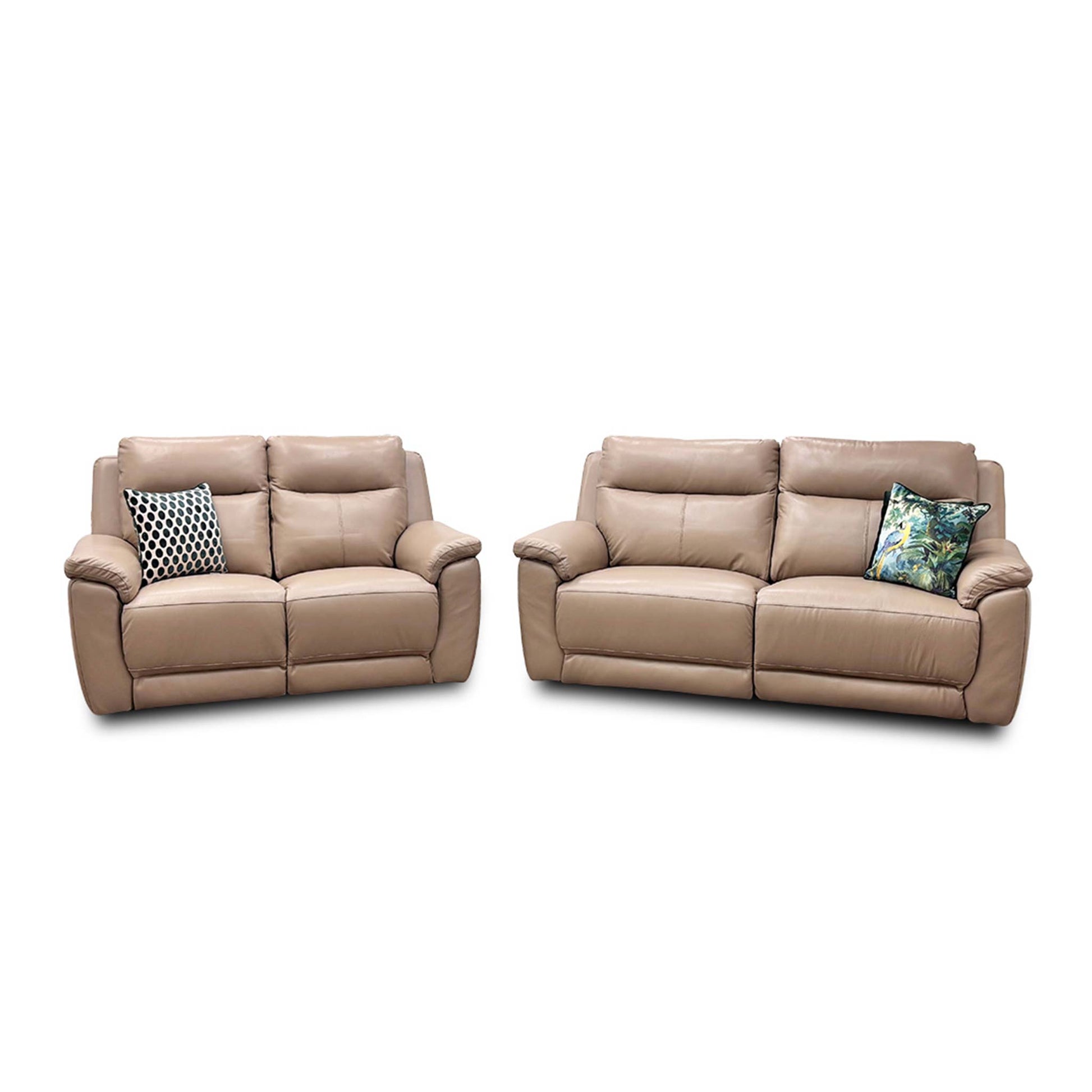 Front view of the 'Bobby' 2-seater power recliner sofa in cream leather, shown in the upright seating position.