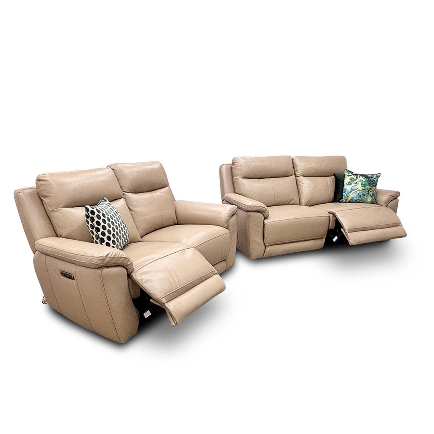 Full view of the 'Bobby' 3-seater power recliner sofa in cream leather, shown in the upright seating position.