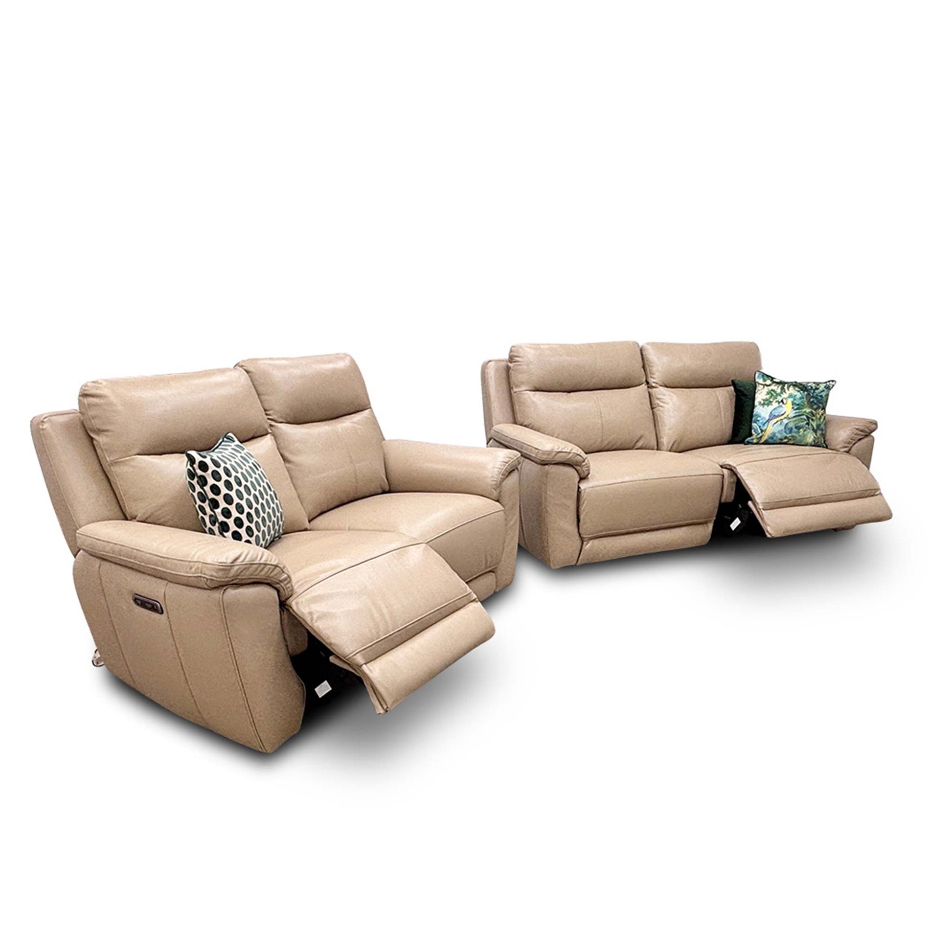 Full view of the 'Bobby' 3-seater power recliner sofa in cream leather, shown in the upright seating position.