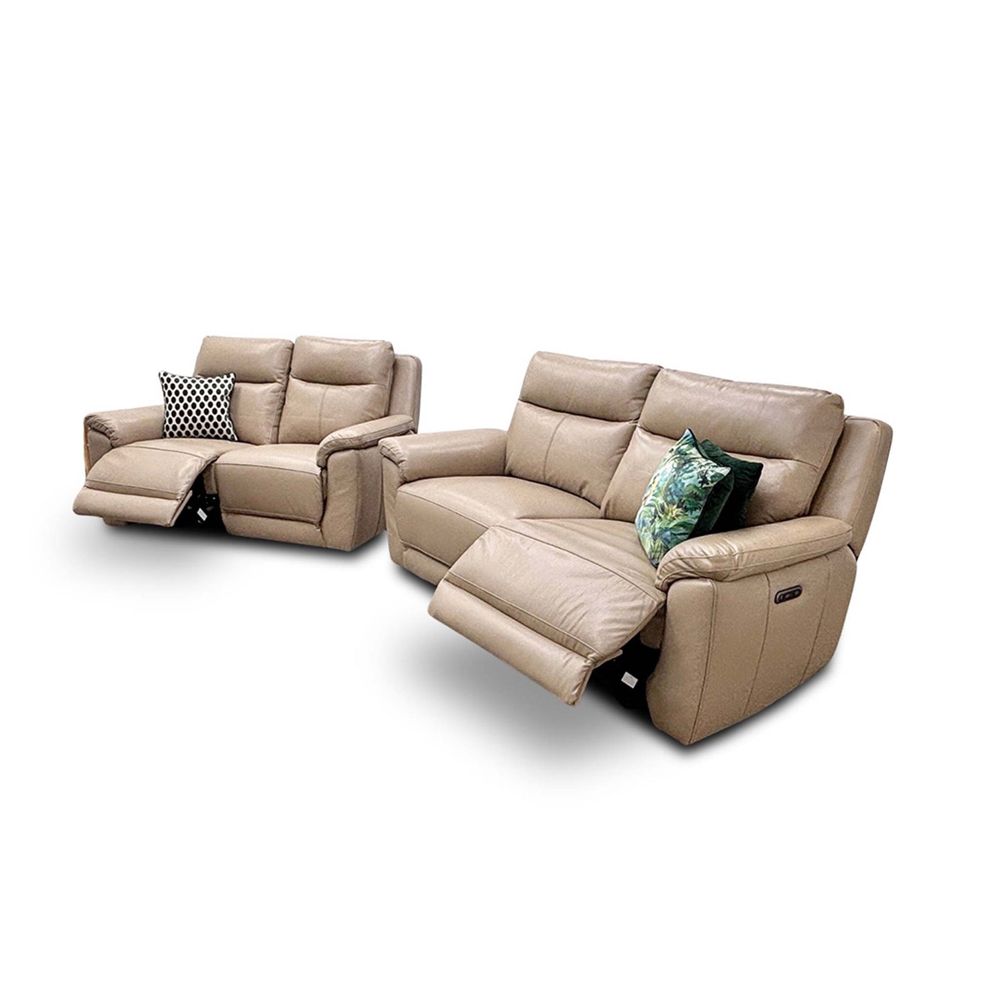 The 'Bobby' 3-seater power recliner sofa with the footrests fully extended, demonstrating the electric reclining function.