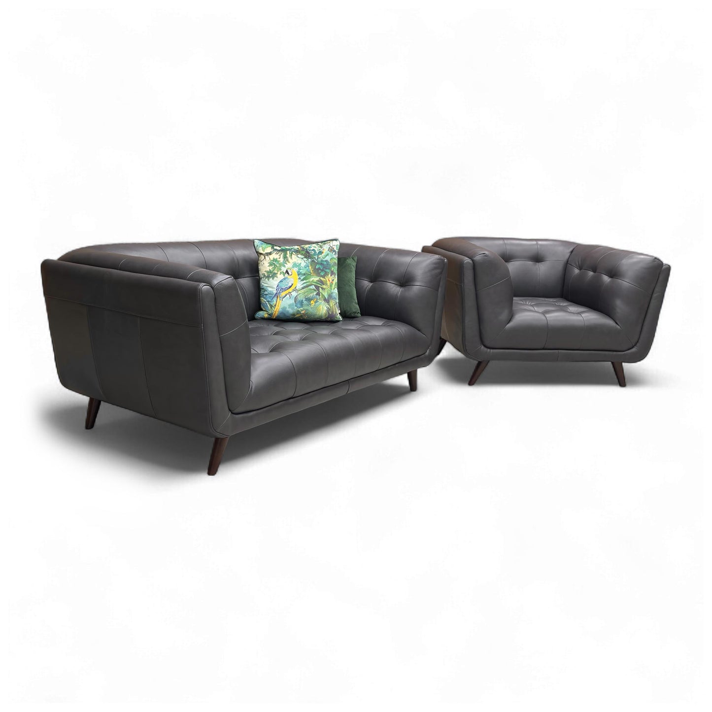 Angled front-side view of the 'Rene' 2-Seater Sofa, showcasing the navy blue leather upholstery and high back design.