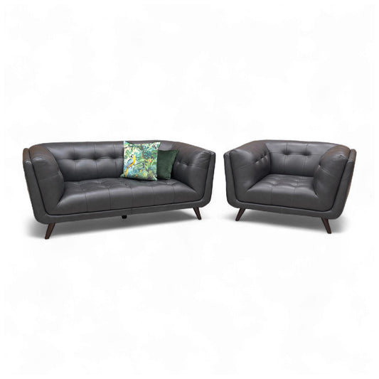 Full set view of the 'Rene' 2-Seater Sofa and matching Armchair in premium Oslo Navy Blue Leather.