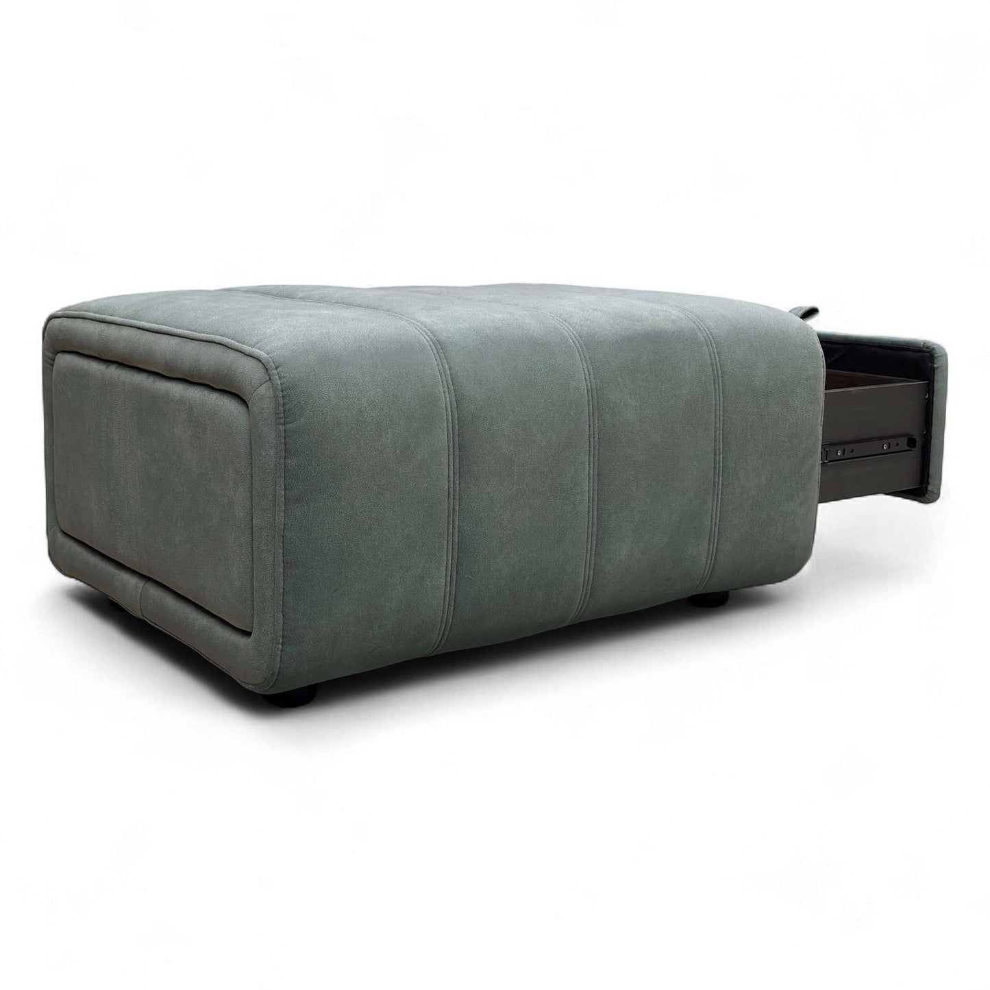 Side-angle view of the deep Fern Green Storage Footstool, showing its generous size and use as an extra seat or coffee table.