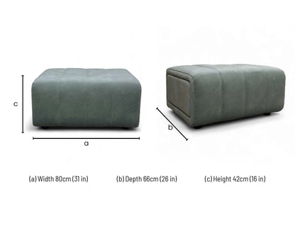 Dimension graphic for the Dexter storage footstool, showing the total width, depth, and height measurements.