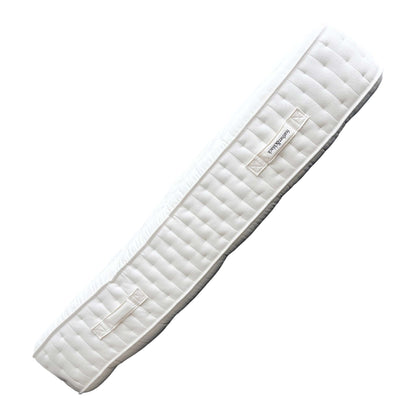 Angled view of the Byron mattress, highlighting its exceptional 36 cm depth, quality side ticking, and robust, hand-stitched borders.