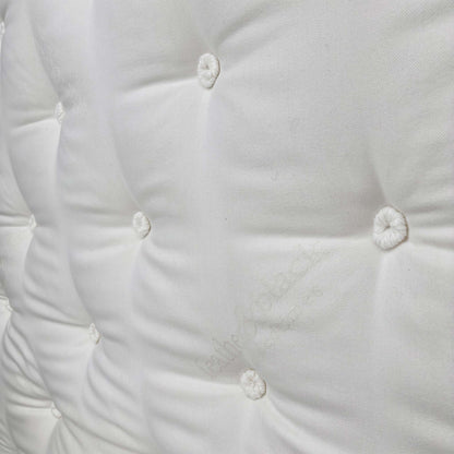 Detailed close-up of the luxurious, quilted white top fabric with deep tufting, illustrating the edge support and craftsmanship.