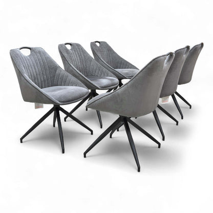 Full front view of one 'Jai' Swivel Dining Chair in dark grey fabric, showcasing the padded seat and supportive backrest.