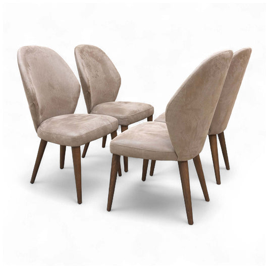 Two Stone International ‘Empire’ Fixed Dining Chairs in Satin Taupe Satin Fabric, showcasing the high back and cushioned design from the front-side angle.