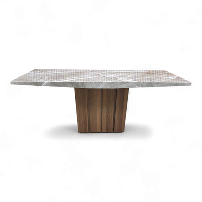 Full view of the dining table in a room setting.