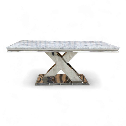 Full view of the 'Dolce' 180cm Fixed Dining Table with a luxurious light grey marble-effect ceramic top.