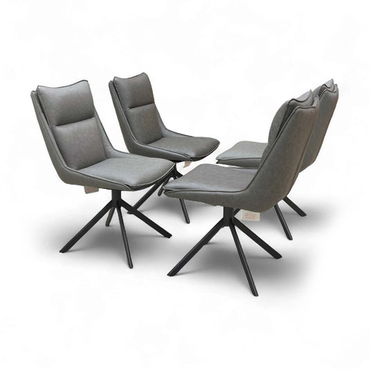 Full front view of one ‘Catalina’ Swivel Dining Chair in dark grey faux leather, showcasing the curved backrest and cushion.