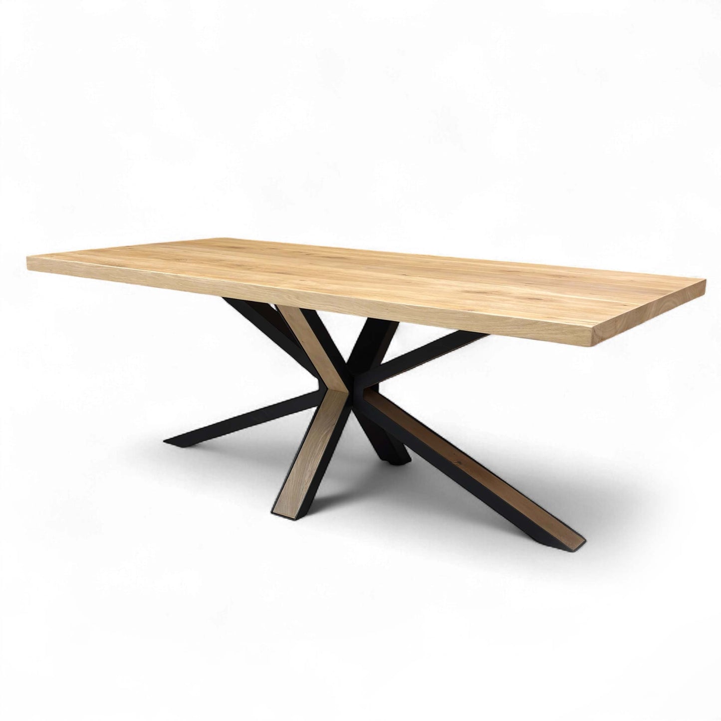 Side profile of the table, showing the thickness of the Solid Oak tabletop and the angle of the starburst legs.
