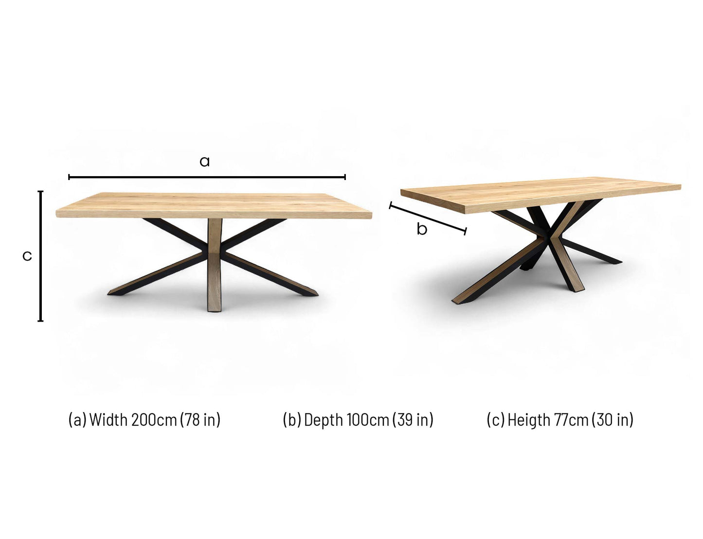 Habufa ‘Detroit’ Solid Natural Oak Starburst Leg Rectangular 200cm Dining Table