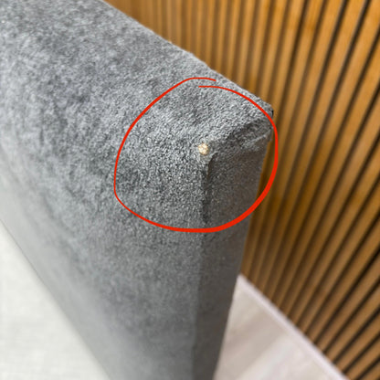 Close-up image showing damage/defect on the Arctic Grey velvet headboard (Note: Always include relevant condition notes for outlet/damaged items).