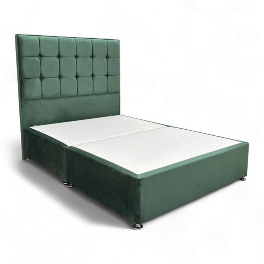 Angled perspective of the complete Double 'Milne' bed set, emphasizing the striking Emerald Green velvet upholstery and the headboard profile.