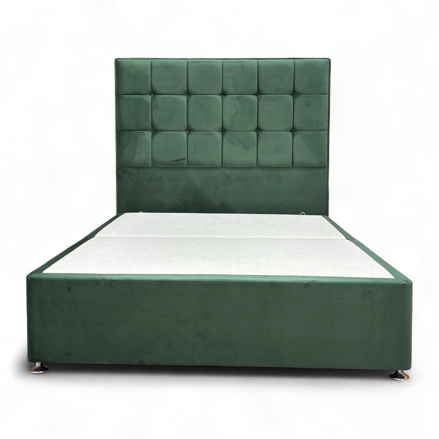 Full view of the Double 'Sleep Story Milne' bed set, featuring a tall, buttoned floor-standing headboard and divan base in vibrant Emerald Green Velvet.