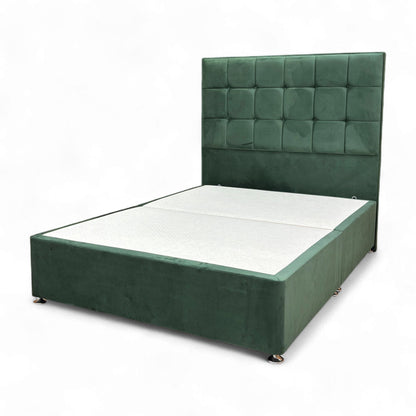 Full view of the Double 'Sleep Story Milne' bed set, featuring a tall, buttoned floor-standing headboard and divan base in vibrant Emerald Green Velvet.