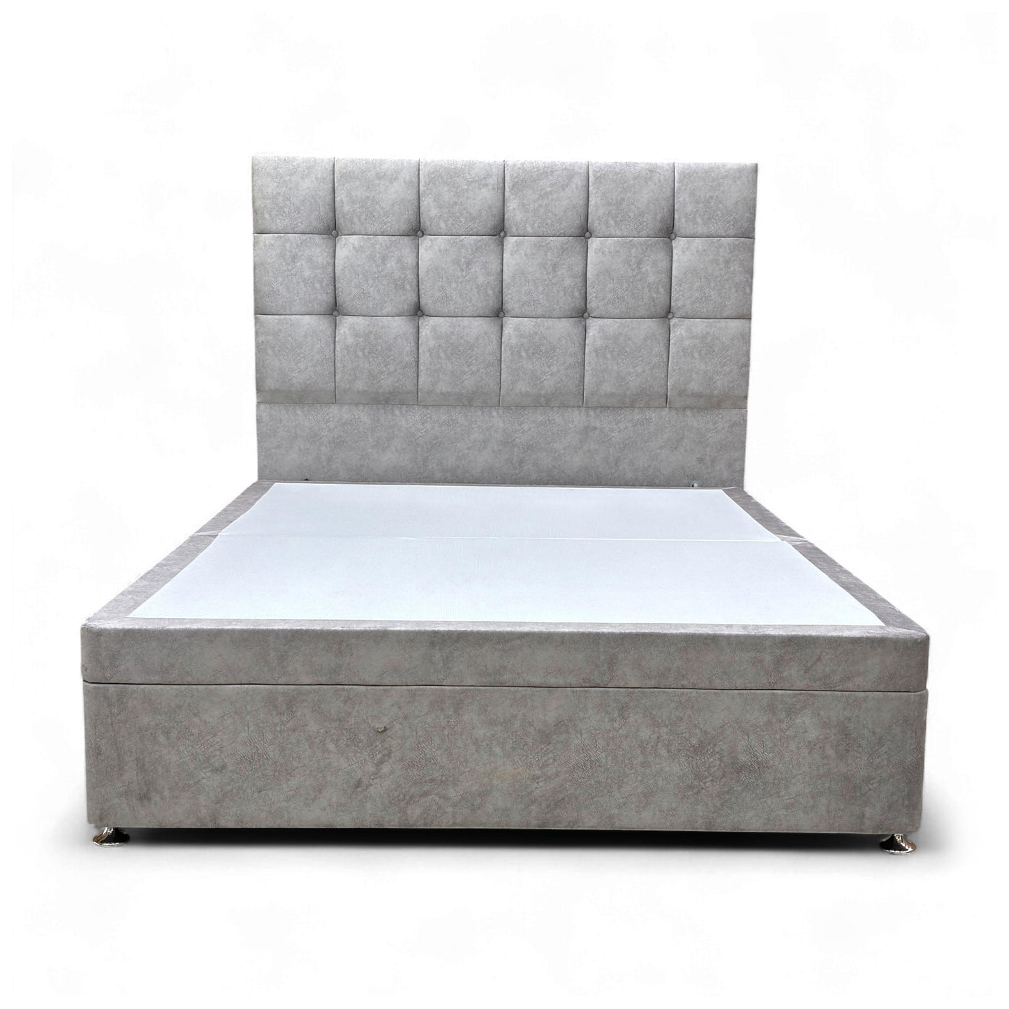 Full view of the King-size Sleepeezee 'Apex' bed, featuring a tall, buttoned floor-standing headboard and divan base in Dapple Silver Velvet.