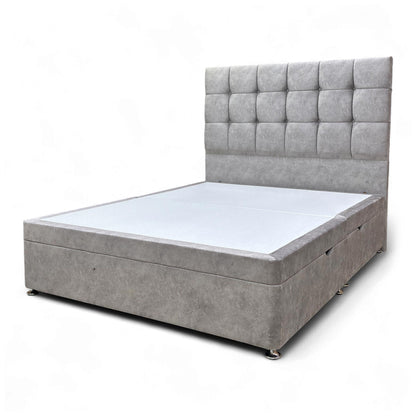 Close-up of the divan base showing the side-lift ottoman mechanism in use.