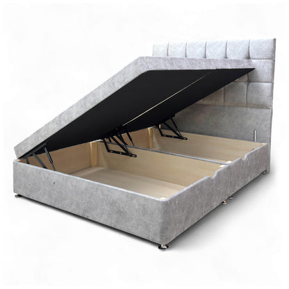 Close-up showing the side-lift ottoman mechanism of the King-size divan base open, revealing the spacious internal storage compartment.